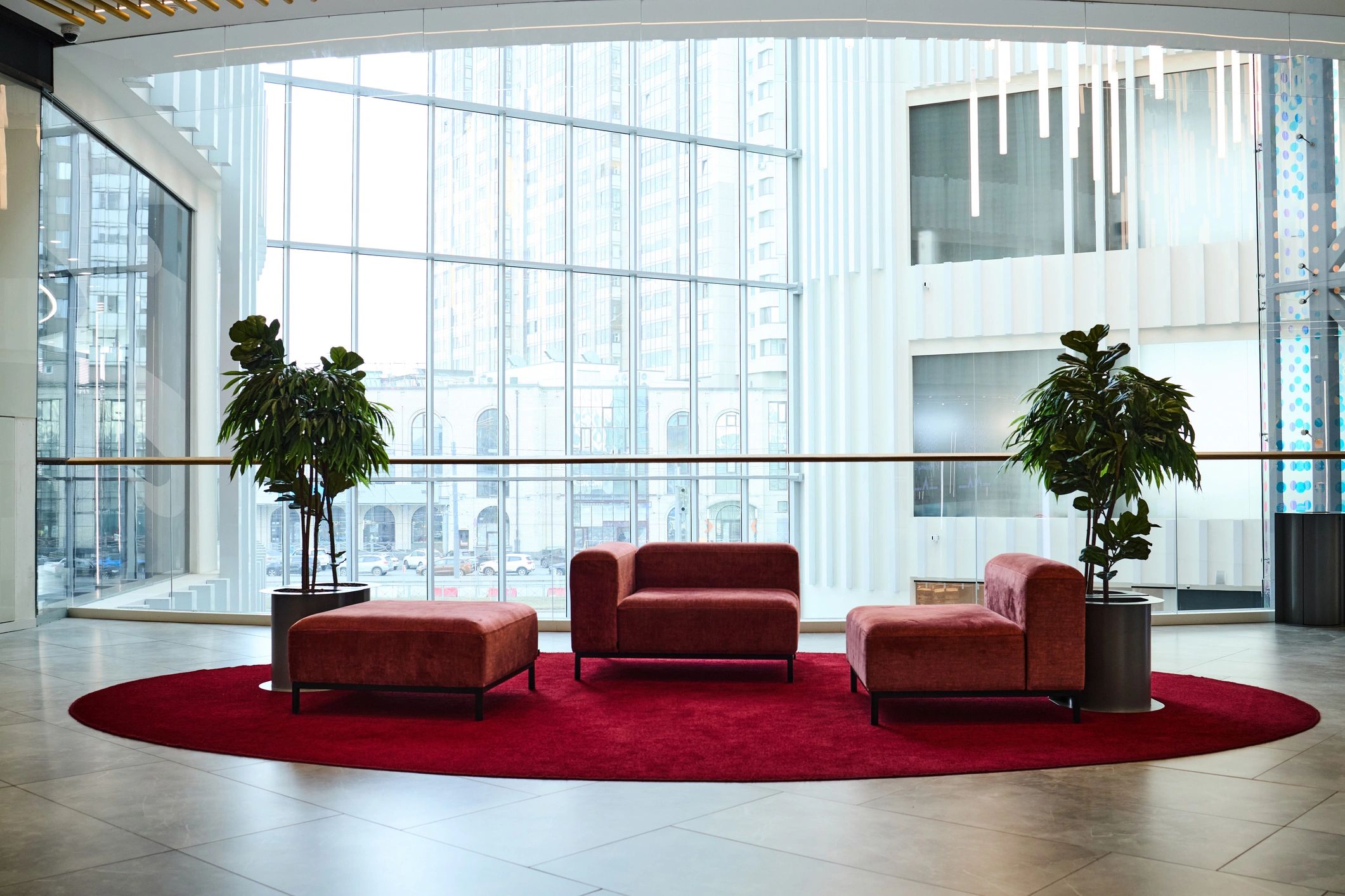 Modern corporate lobby with premium seating and natural light