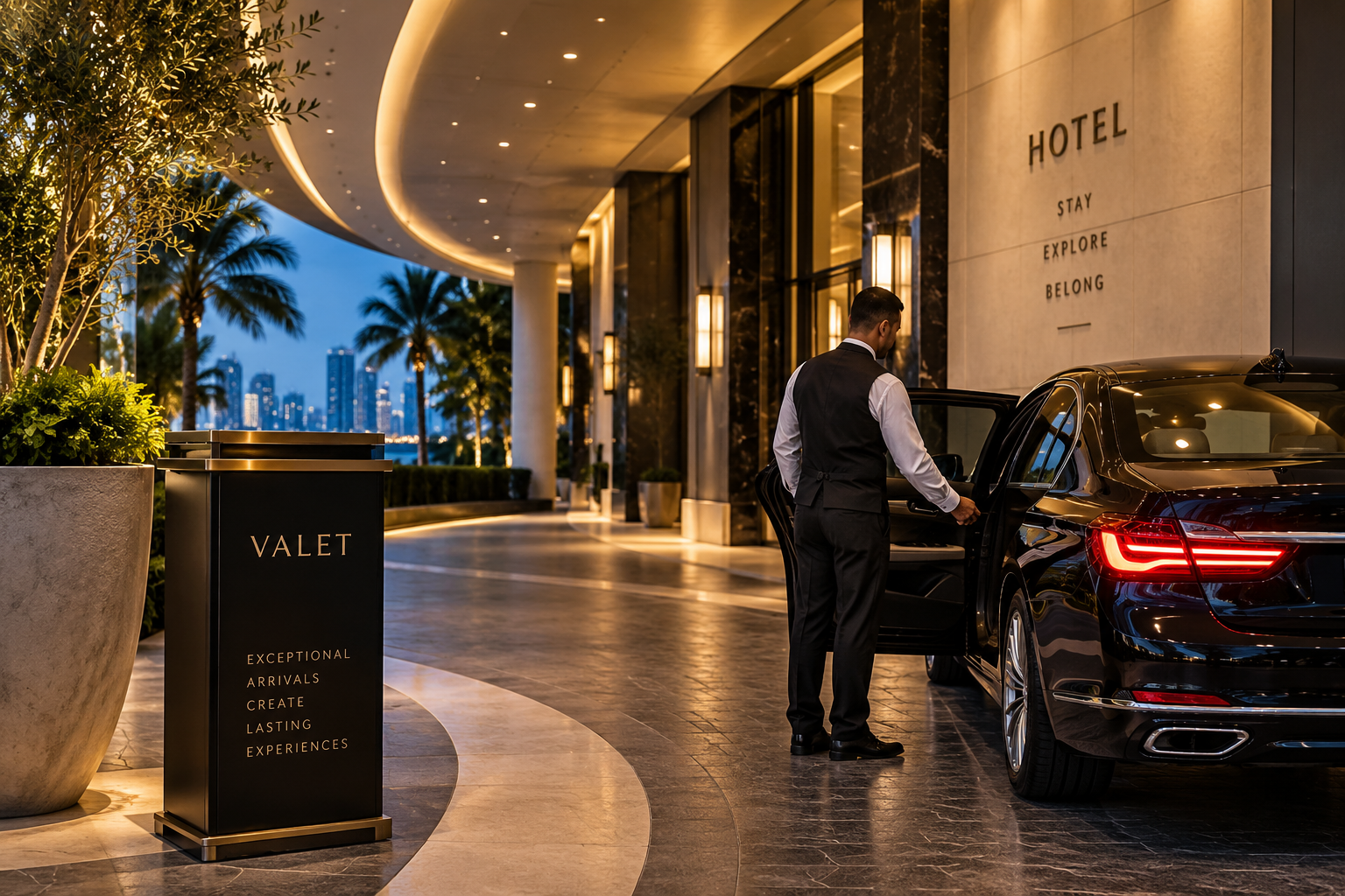 Luxury valet parking ramp at a hotel entrance with a black car and valet attendant