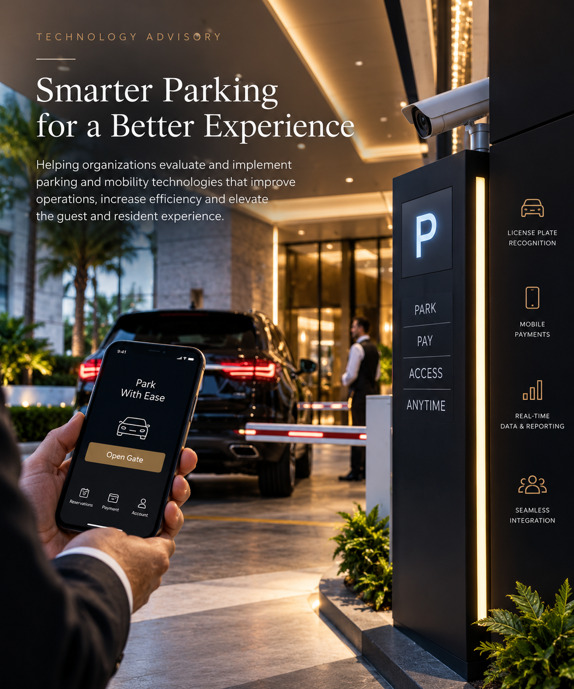 Smart parking technology scene with smartphone access, luxury vehicle, valet staff, and illuminated parking kiosk